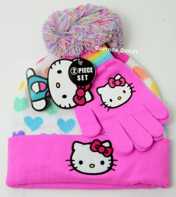 Sanrio Hello Kitty Beanie Glove Set Pom Pom Rainbow Hearts Girls B-Day Gift New