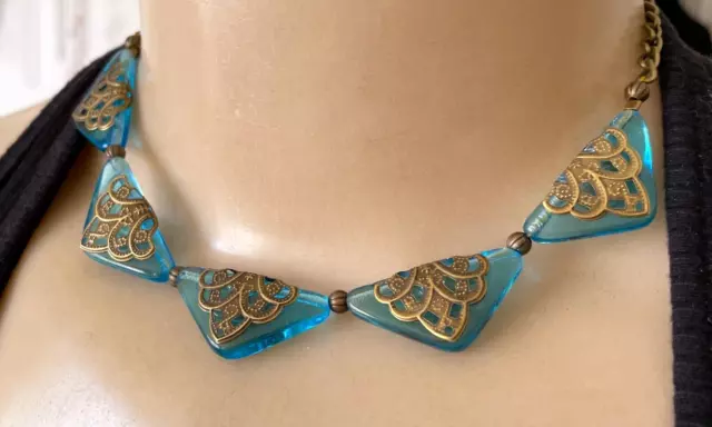 Vintage Necklace Art Nouveau Antique Aqua Blue Czech Glass & Filigree Collar