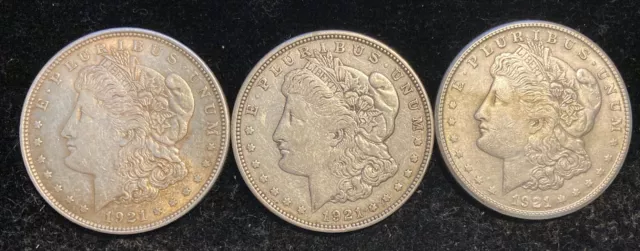 THREE 1921 PDS $1 Morgan Silver Dollars, all ~VF+, free shipping US