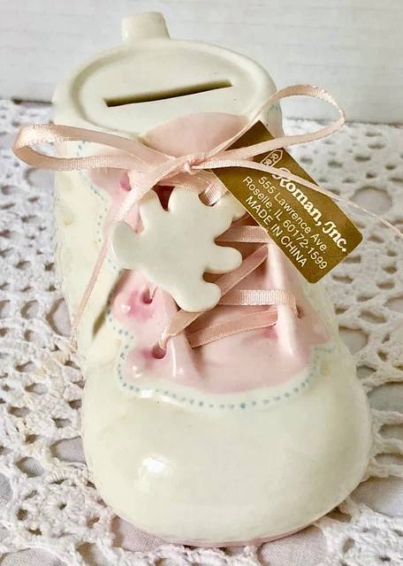Pink Laced Shoe Baby Bank Ceramic Tiny Teddy Bear Fob New Old Stock Sweet Vtg.