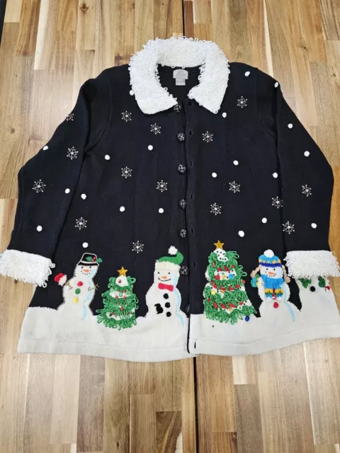 Berek M Christmas Sweater Cardigan Fur Embroidered Christmas Tree & Snowman