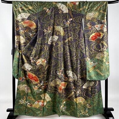 Japanese kimono SILK"FURISODE" long sleeves, Gold thread/ leaf, Birds, L64".2723