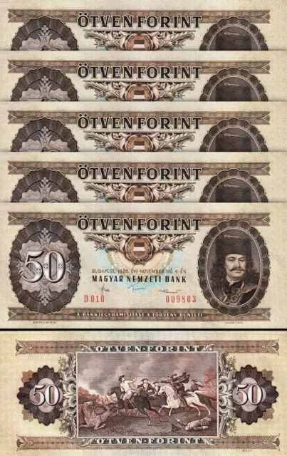 Hungary 50 Forint 1986, UNC, 5 Pcs LOT, P-170g, Serial 009***