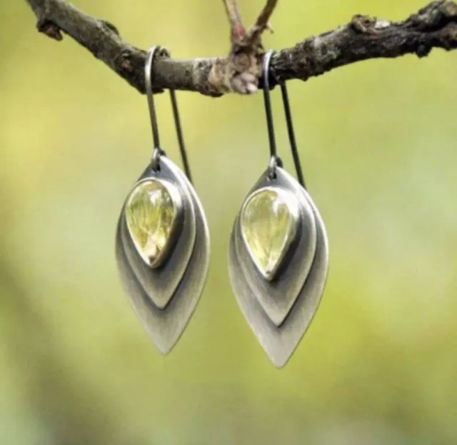 Boho Ethnic Silver Green Stone Tear Drop Dangle Earrings UK