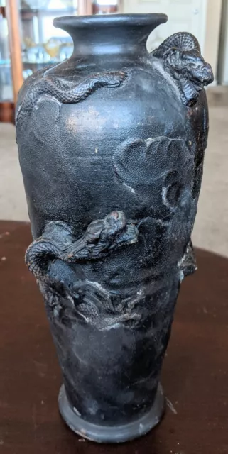 Antique Japanese Meiji Period Bronze Vase Encircling Figural Dragons 12" Signed