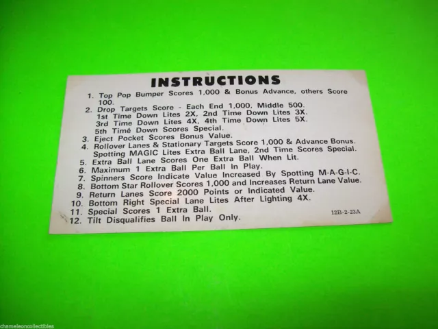 Magic 1979 Original Pinball Machine 2-Sided Instruction Card