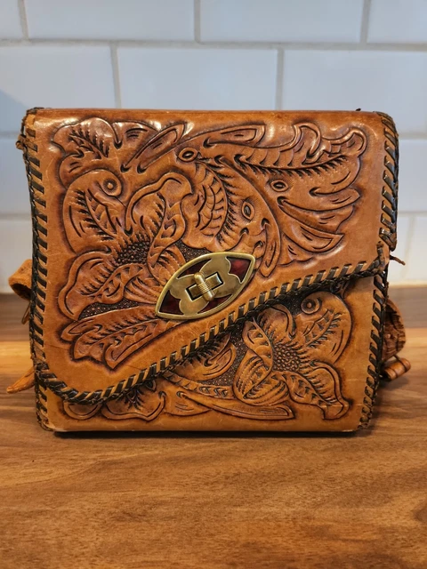 Genuine Leather Hand Tooled Embossed Mexican Vintage Handbag Floral Design 7.5x7
