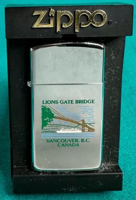 Vintage Zippo (High Polished Chrome) Slim Line Lion's Gate Bridge B.C. Lighter