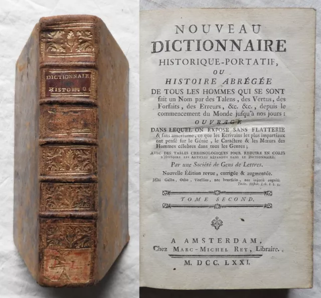 DICTIONNAIRE HISTORIQUE-PORTATIF, Histoire abrégée des hommes.. (T.2, Rey 1771)