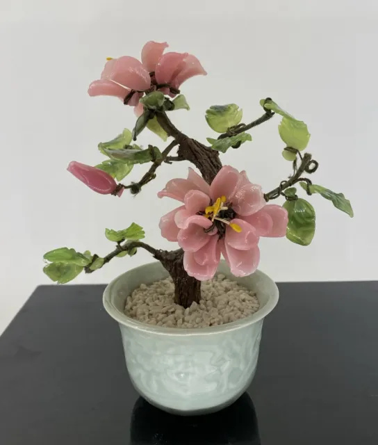 Vintage  Chinese Jade Glass Bonsai Tree Asian Pink Flowers Ceramic Celadon Pot