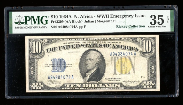 DBR 1934-A $10 North Africa Silver Fr. 2309 PMG 35 EPQ Serial A94984074A