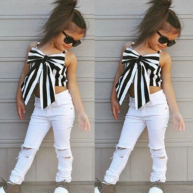 T-shirt top fiocco estate per bambine con cinturino estivo + pantaloni set abiti
