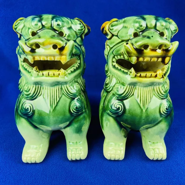 Vintage Chinese Ceramic Foo Dog Statues Set of 2 Green 7.5 inch Tall