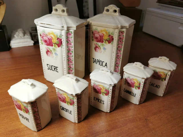 Ancien Service à Épices En Céramique – 6 Pots Avec Couvercles, Décor Bleuets Rétro