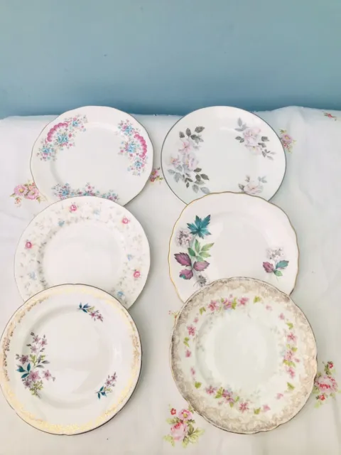 Pretty Set Of 6 Mismatched Floral Vintage Bone China Cake /Side Plates 💐