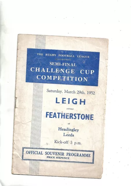 Rugby League Programme: rare ch cup semi at Leeds  Leigh V Featherstone 1952