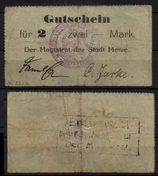 [13848] - NOTGELD MEWE (heute: Gniew), Stadt, 2 Mk, o. D. (1914). Dießner 233.4a