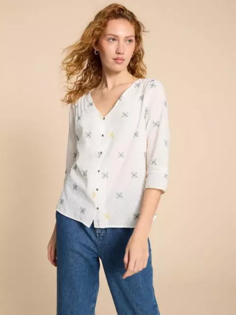 White Stuff Rae Women's Blouse Organic Cotton Button Up 3/4 Sleeve Ladies Top