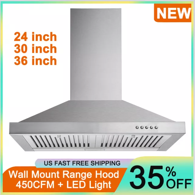 24/30/36in Wall Mount Range Hood 450CFM Kitchen Vent Stainless Steel 3-Speed New