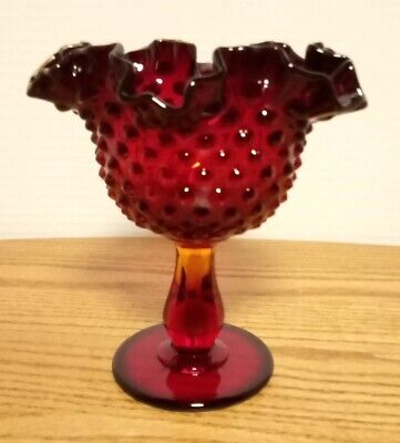 Fenton Hobnail Ruby Red Vase with crimped ruffled Edge