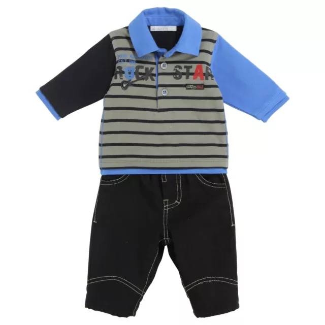 ABSORBA Baby Boy 2pc Black & Blue lined rockstar teddy top & soft trousers 9m