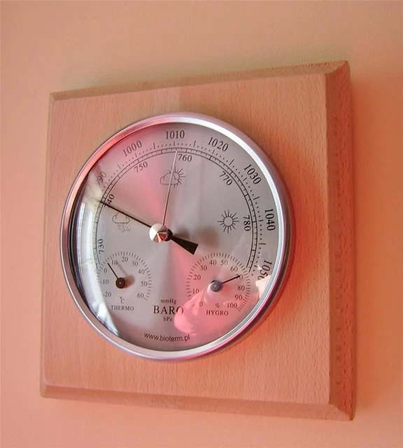 WEATHER STATION BAROMETER Thermometer Hygrometer Natural Wood Finish