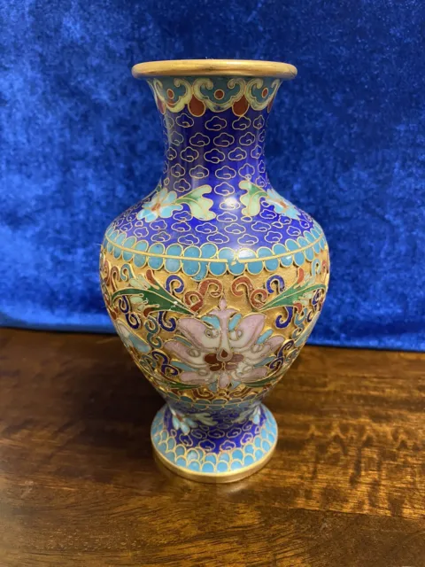 Vintage Chinese Cloisonne Vase Enamel Brass Floral Beautiful Raised Flowers