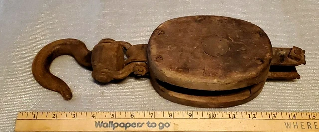 Large, Heavy 11" antique wooden &  cast iron barn pulley marked "Yaletown"