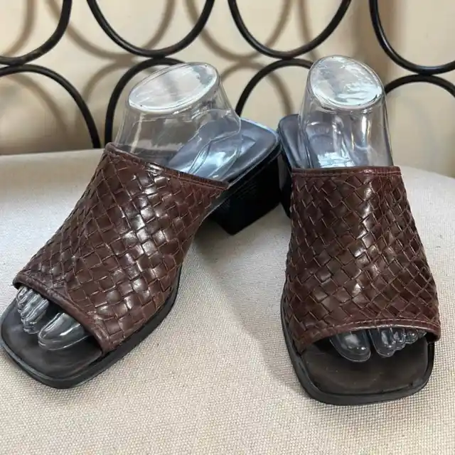 MONTEGO BAY BROWN braided leather slide on sandals block heel 9 wide ...