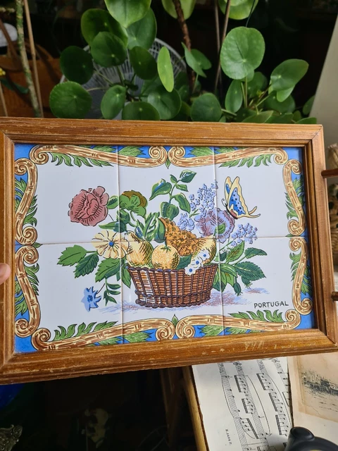 Vintage Wooden Serving Tray & Portugal Ceramic Tiles Floral Fruits Basket Rustic