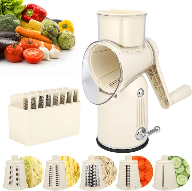 Affettatrice Per Verdure A Tamburo Rotante Con 3 Lame Intercambiabili - Grattugia Manuale In Acciaio Inox - Base A Ventosa - Colore Rosso