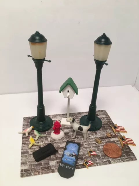 Rare, 1:24 Scale Dollhouse Miniatures, lamp posts, welcome sign, porcelain dog.
