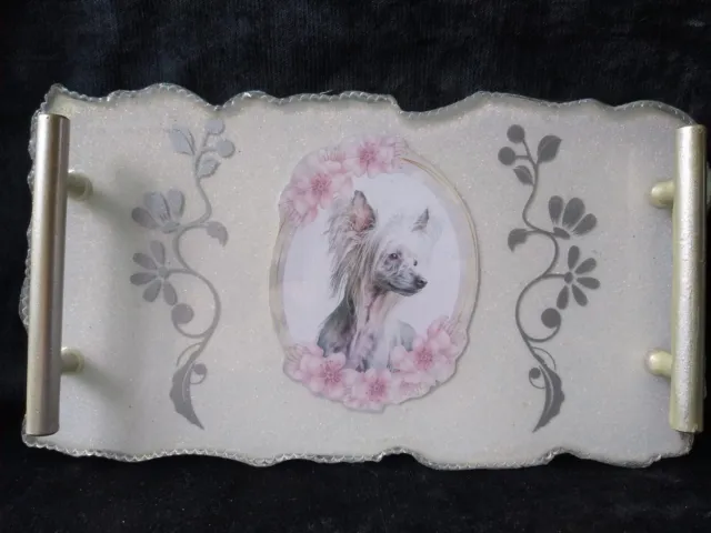 Chinese Crested Vanity Tray Handmade Ivory And Pink Ooak