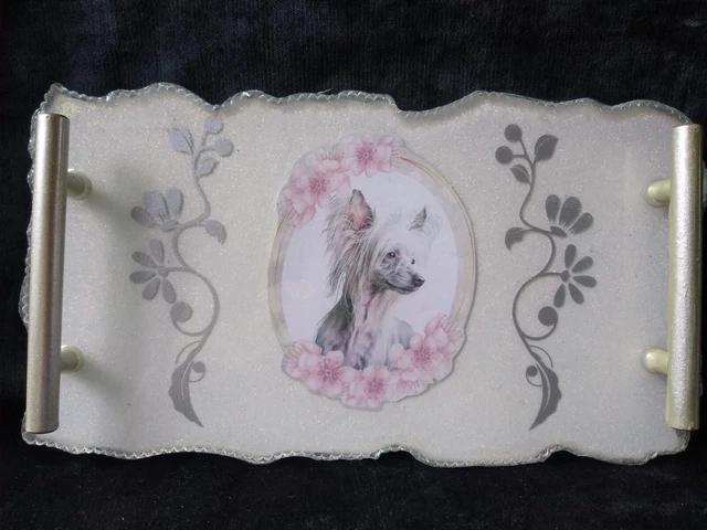 Chinese Crested Vanity Tray Handmade Ivory And Pink Ooak