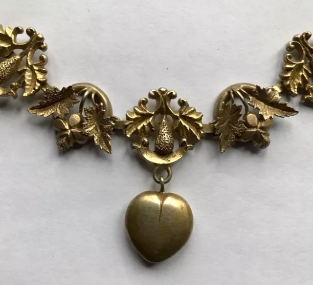 Antique Victorian Silver Gilt Necklace Unusual Leaf Design Links With Heart Drop