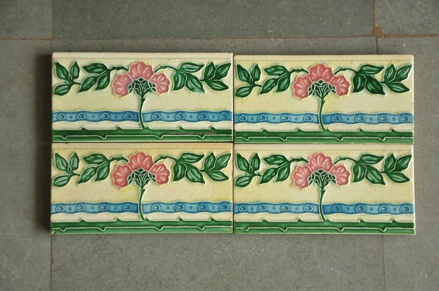 4 Pc Vintage Majolica Floral Vine Embossed M.S Mark Colorful Ceramic Tiles,Japan