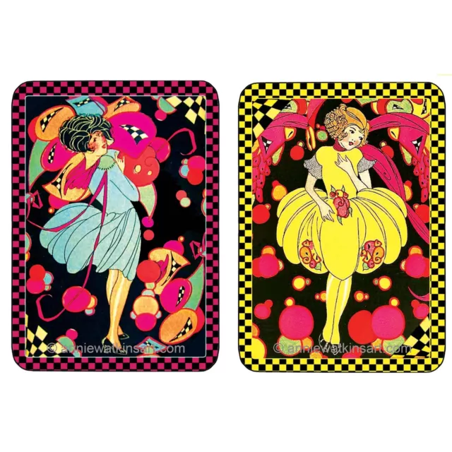 Pair of vibrant Deco style swap playing cards featuring party ladies