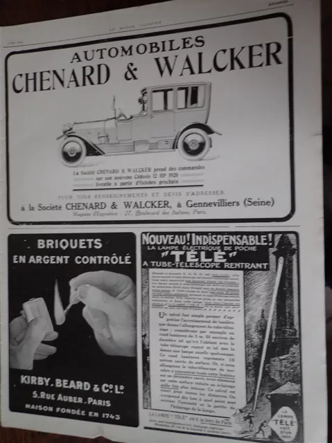 CHENARD & WALCKER 12 HP 1920 automobile 118 publicité papier MONDE ILLUSTRE 1919