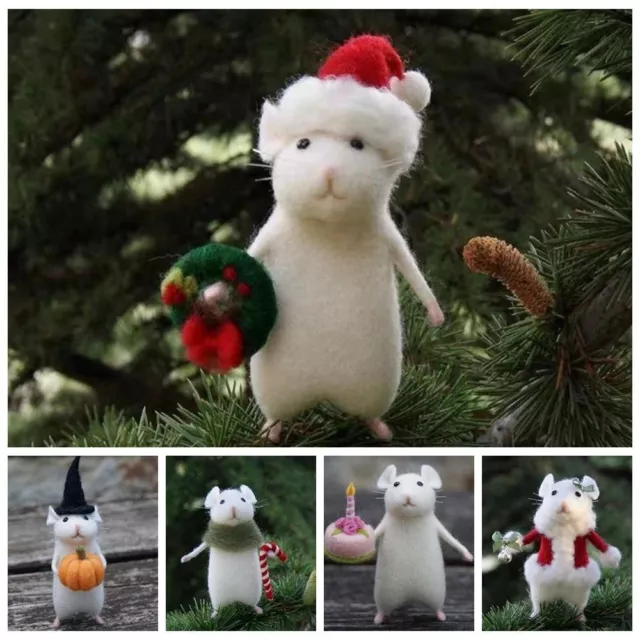 Mouse with Xmas Hat Wool Felt Mouse Handmade Christmas Mouse Ornament