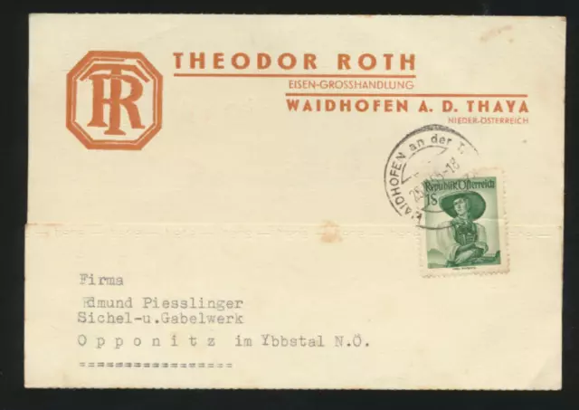 Geschäfts-Postkarte 1955 aus Waidhofen an der Thaya, Eisen-Grosshandlung Roth