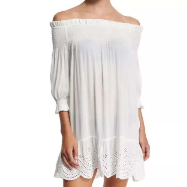 Tory Burch Smocked Off-the-Shoulder Coverup Dress White Women's Size L