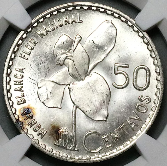 1963 NGC MS 65 Guatemala 50 Centavos White Nun Orchid Silver Coin (23092202C)