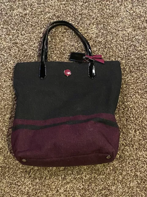 Coach 24665 Signature Stripe Wool NS Tote Bag Charcoal PASSION BERRY Purple NWT