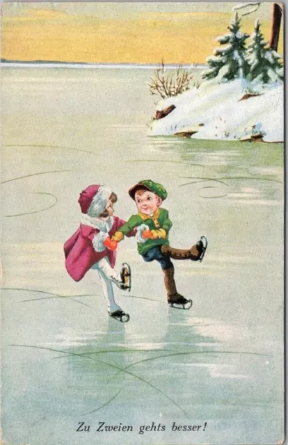 Vintage German ICE SKATING Comic Postcard "Zu Zweien Gehts Besser!" c1920s