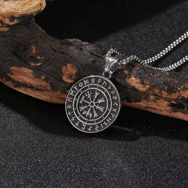 Hot Mens Viking Pirate Compass Pendant Necklace Amulet vegvisir Odin Steel Chain