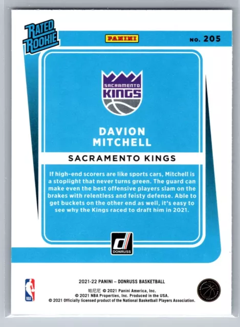 2021 DONRUSS RATED Rookie Basketball #205 Davion Mitchell RC Sacramento ...
