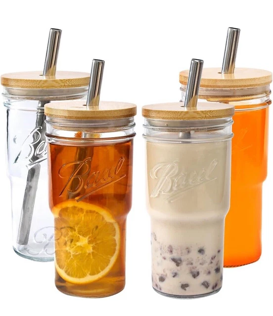 4PACK 22 OZ Reusable Boba Cup Smoothie Glass Tumbler with Bamboo Lid