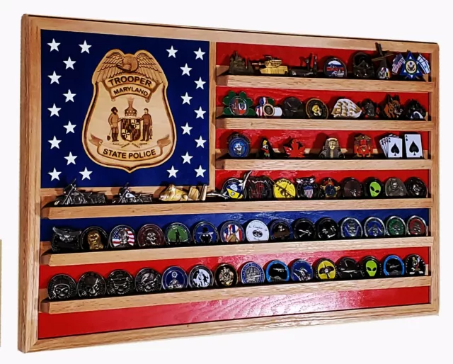 Maryland State Trooper / Police Challenge Coin Display Flag 70-100 Coins TRAD