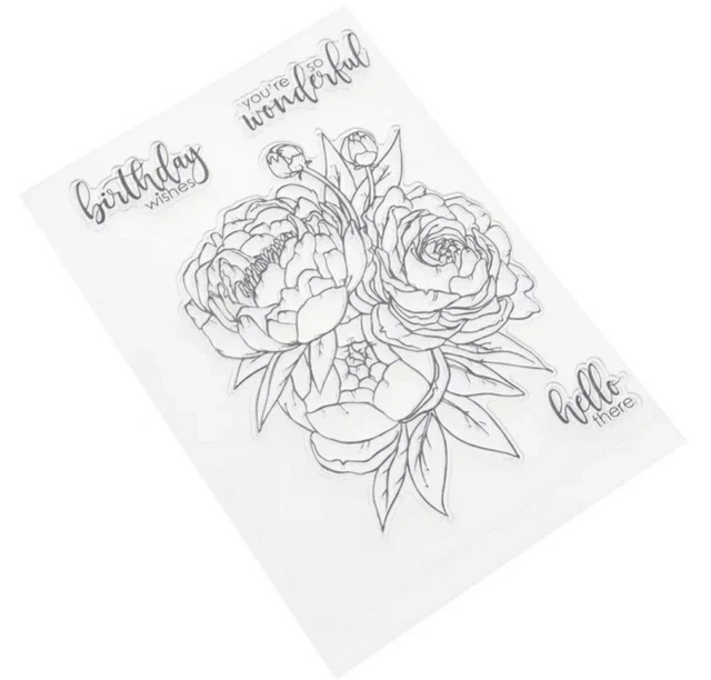 Pfingstrosenblume/Geburtstag Klare Briefmarken/Worte-Gefühle/Hallo/Gruss/Silikon