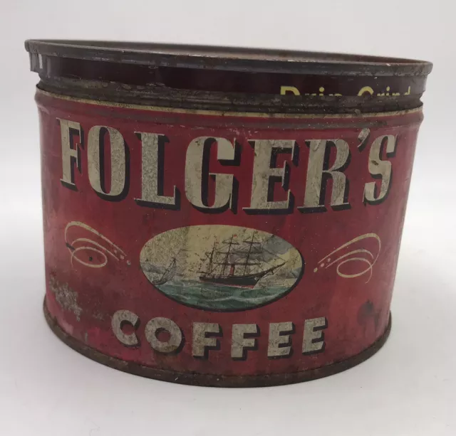 1950's Vintage Collector Original Folger's Coffee Tin Can Ship Mountain Grown